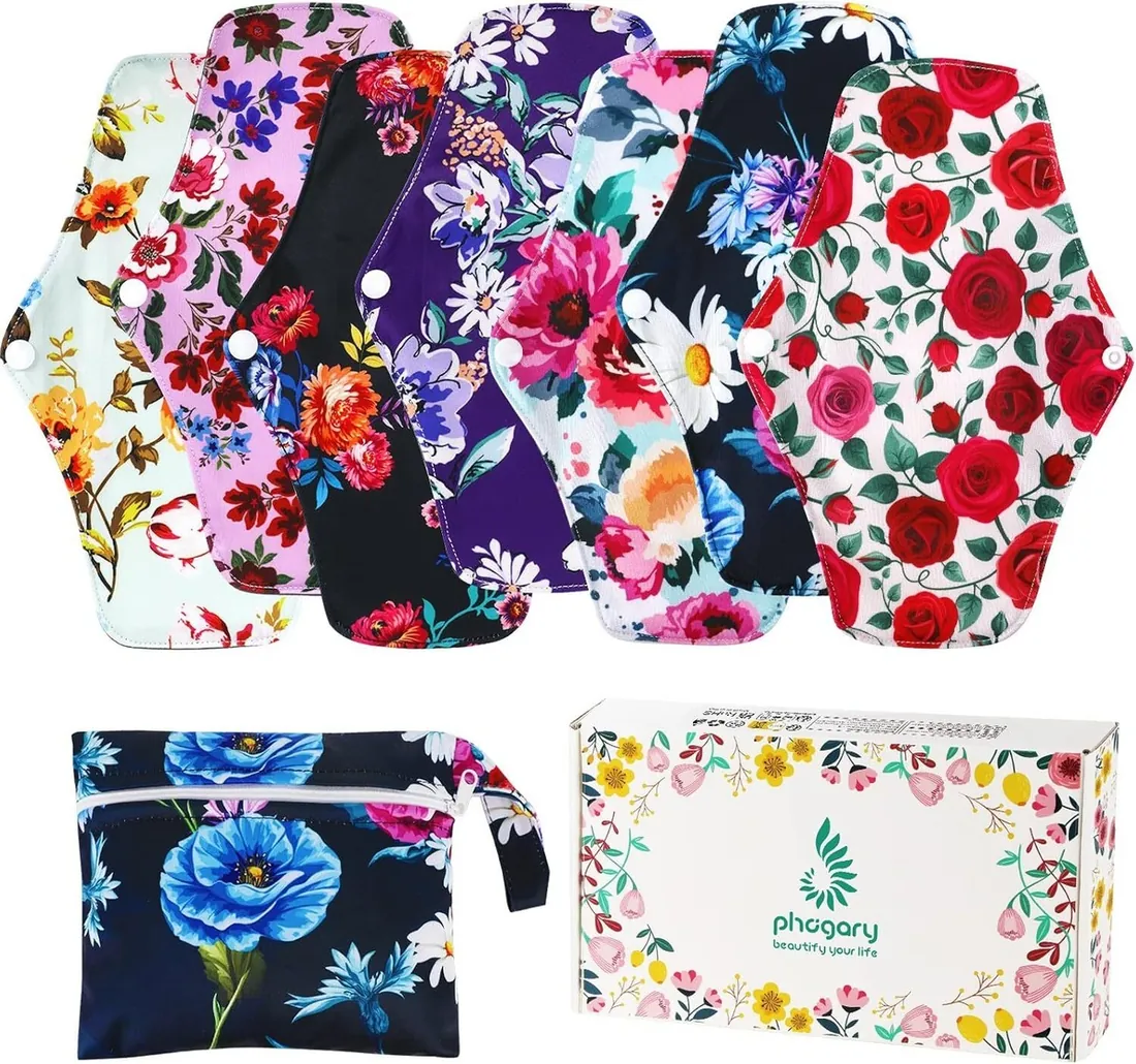 A set of colourful reusable cloth menstrual pads with a carry pouch