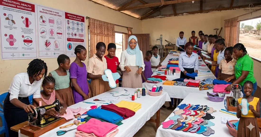Girls producing reusable pads at a community menstrual health training workshop