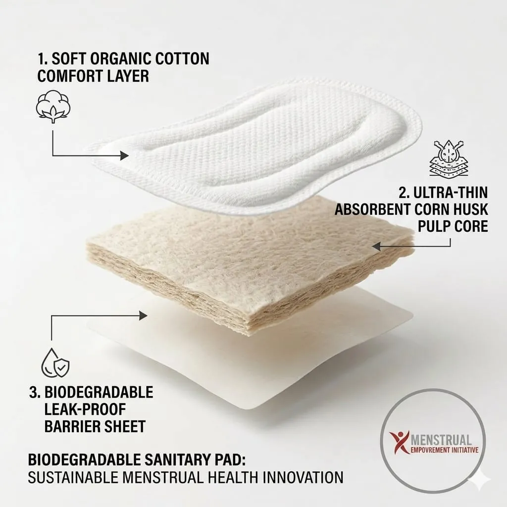 Layers of MEI's biodegradable sanitary pad: organic cotton, corn husk pulp core and biodegradable barrier